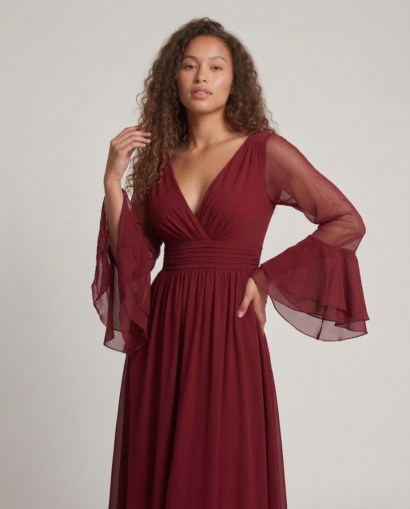 Damen Elegantes Maxikleid mit transparenten Ärmel und V-Ausschnitt Drune