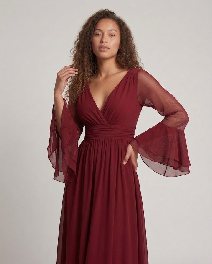 Damen Elegantes Maxikleid mit transparenten Ärmel und V-Ausschnitt Drune