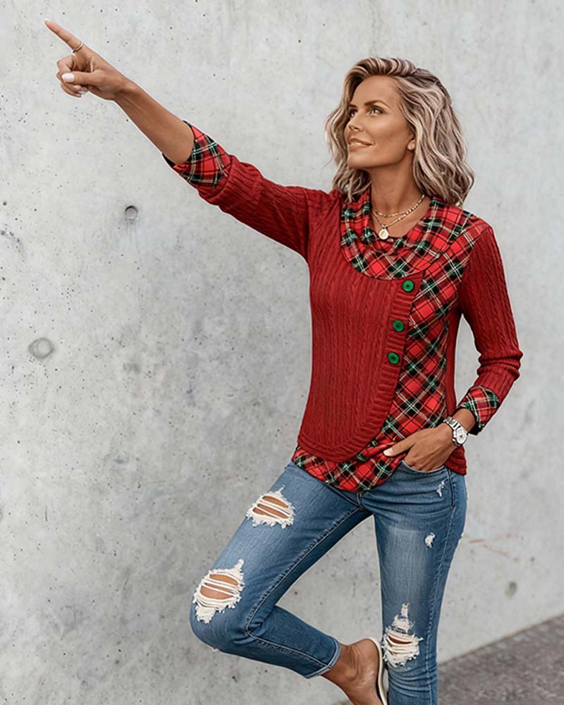 Drune | Langarm Top mit Karo Patchwork