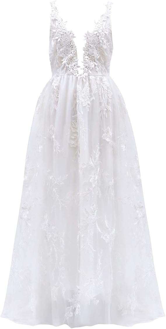 Damen Hochzeitskleid mit floralen Spitzenapplikationen und tiefem V-Ausschnitt Drune