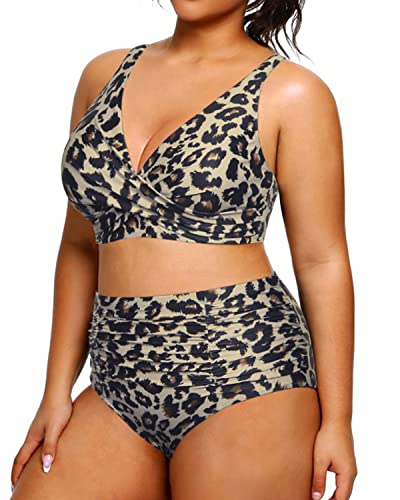 Drune | Push up Hohe Taillierte Bauchkontrolle Plus Size Bikini Badeanzug Leopard