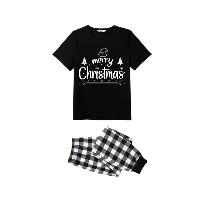 Drune | Wir wünschen Ihnen ein frohes Weihnachtsbaum-Familien-Pyjama-Set - Schwarzes Oberteil Schwarze und weiße Karohose Feiertagsgrafik