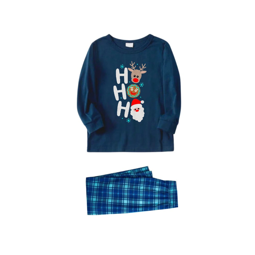 Drune | Weihnachtsfamilien-Matching-Pyjamas - Marineblau & Himmelblau Karierte Pyjama-Set mit Holiday HO HO HO Druck
