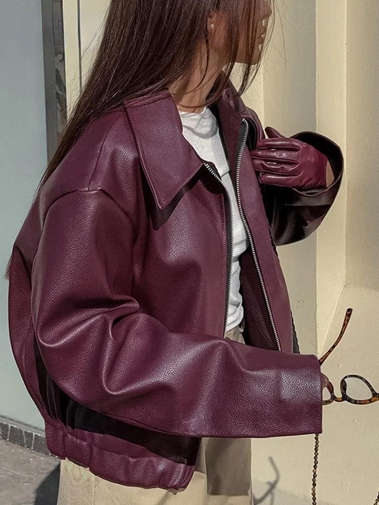 Drune | Bordeaux red faux leather jacket with stylish lapel collar and zipper detail