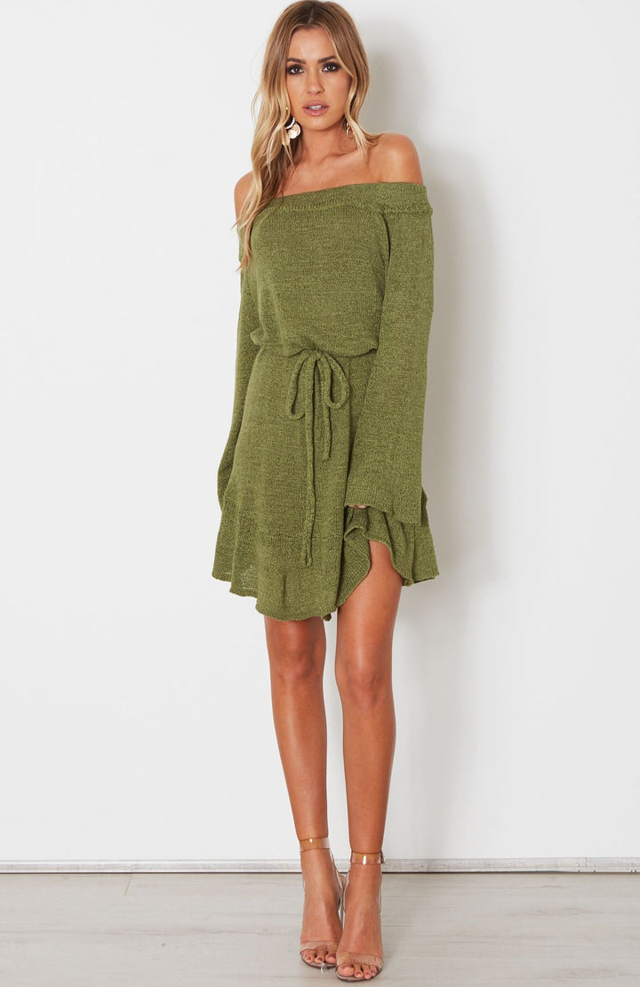 Damen Schulterfreies Strickkleid mit ausgestellten Ärmeln, Taillengürtel & Volant-Saum Drune