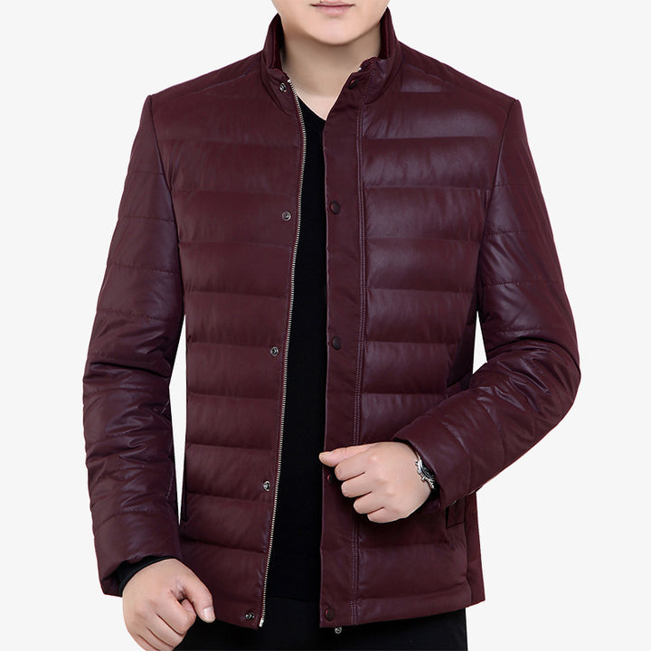 Herren Gepolsterte Steppjacke in Lederoptik mit Stehkragen und verdeckter Druckknopfleiste Drune