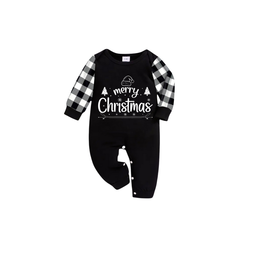 Drune | Wir wünschen Ihnen ein frohes Weihnachtsbaum-Familien-Pyjama-Set - Schwarzes Oberteil Schwarze und weiße Karohose Feiertagsgrafik