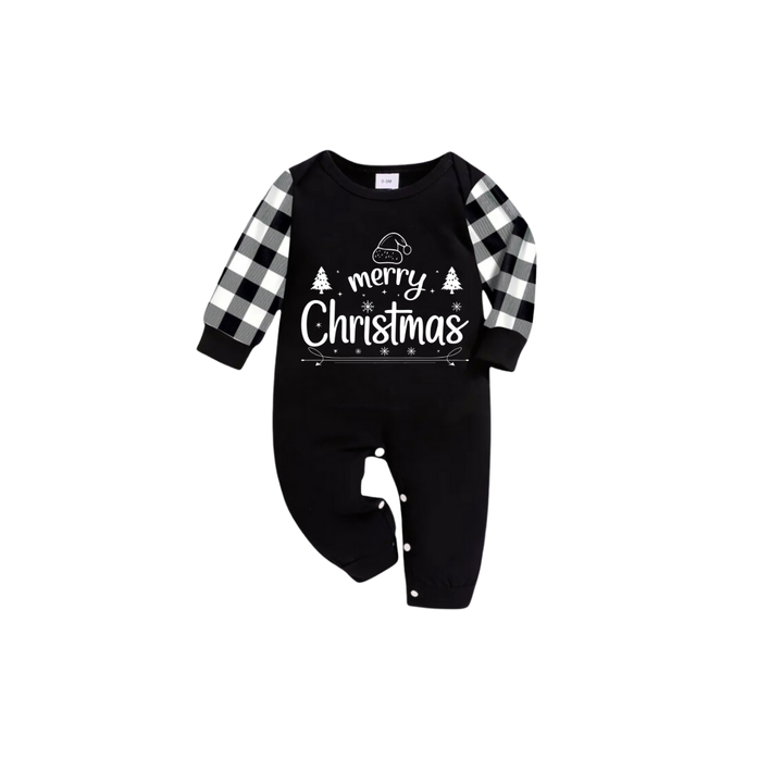 Drune | Wir wünschen Ihnen ein frohes Weihnachtsbaum-Familien-Pyjama-Set - Schwarzes Oberteil Schwarze und weiße Karohose Feiertagsgrafik