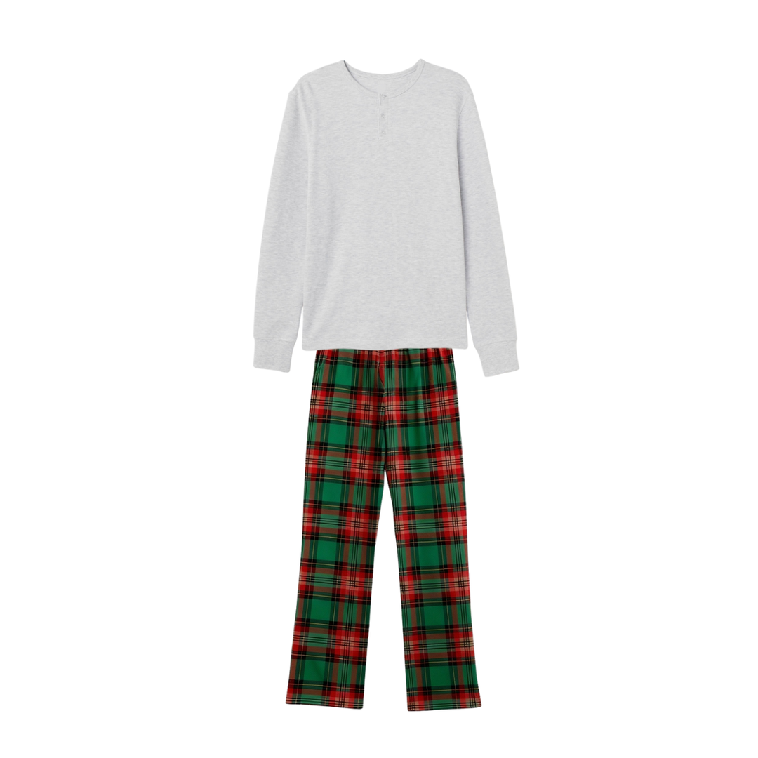 Drune | Paar Pyjama-Set – Graues Knopf-Hals T-Shirt & Grüne Karohose