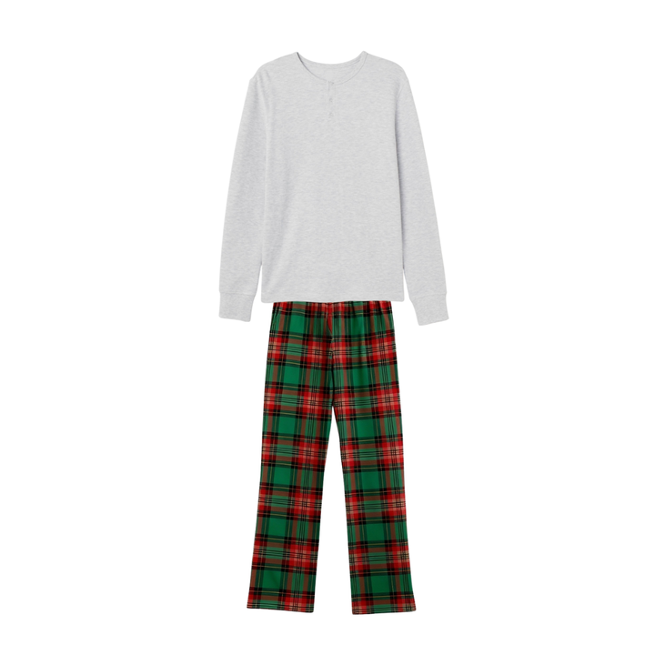 Drune | Paar Pyjama-Set – Graues Knopf-Hals T-Shirt & Grüne Karohose