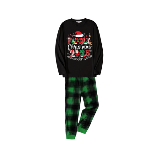 Drune | Schwarzes Top und grüne kariierte Hose Weihnachts-Pyjama-Set mit dem Text 