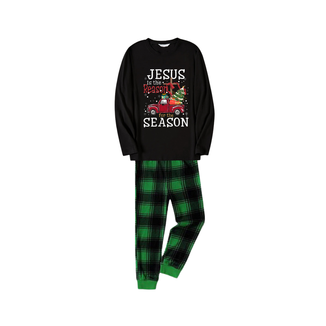 Drune | Schwarzes Top und grüne Karottenhose Weihnachts-Pyjama-Set mit dem Textdruck "Jesus ist der Grund für die Saison"
