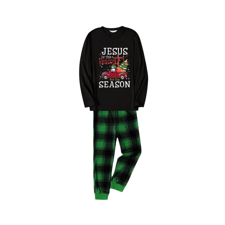 Drune | Schwarzes Top und grüne Karottenhose Weihnachts-Pyjama-Set mit dem Textdruck "Jesus ist der Grund für die Saison"