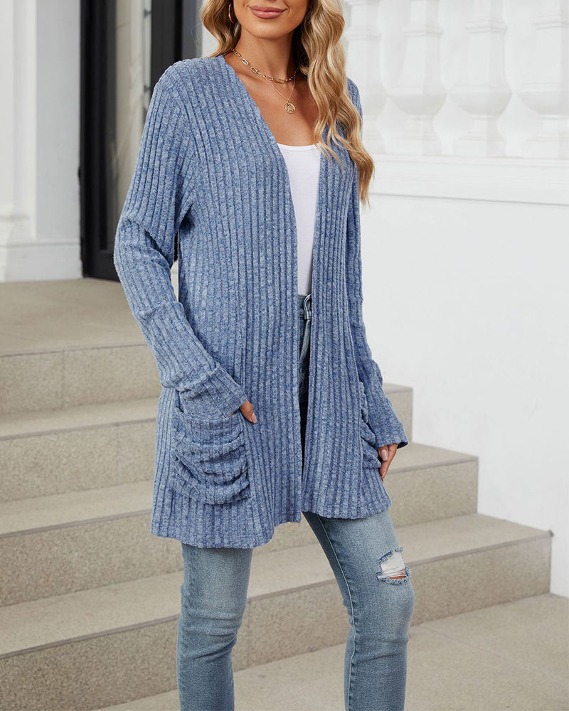 Drune | Lässiger Einfarbiger Cardigan mit Langen Ärmeln und Tasche