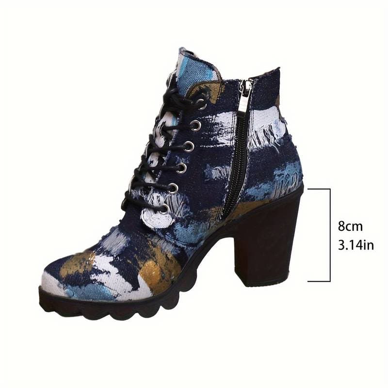 Drune | Stiefeletten Gemustertes Textil Schnürung Blockabsatz Chunky Sohle
