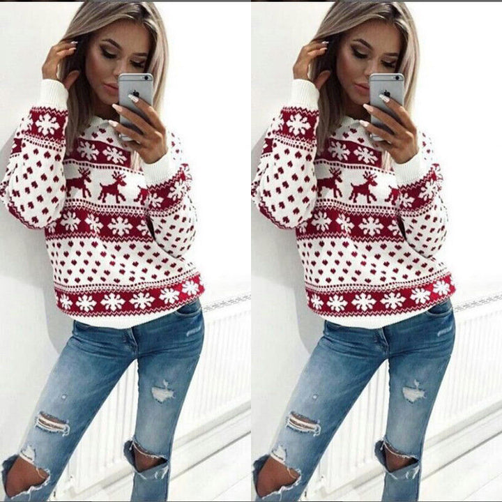 Damen Kuscheliger Weihnachts-Pullover mit Schneeflocken- und Rentier-Muster Drune