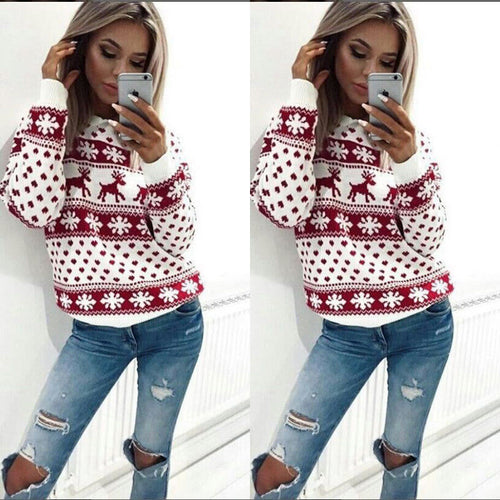 Damen Kuscheliger Weihnachts-Pullover mit Schneeflocken- und Rentier-Muster Drune