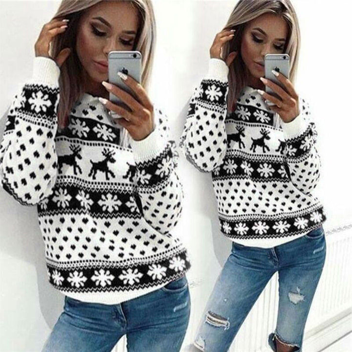 Damen Kuscheliger Weihnachts-Pullover mit Schneeflocken- und Rentier-Muster Drune