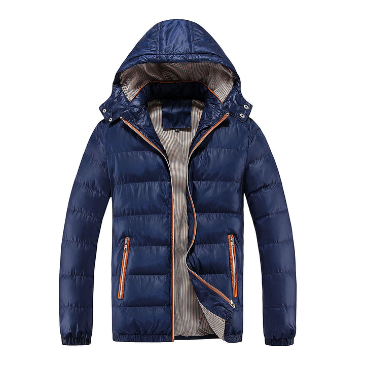 Herren Wattierte Kapuzen-Steppjacke mit glänzender Nylonoptik und kontrastierenden Reißverschlüssen Drune