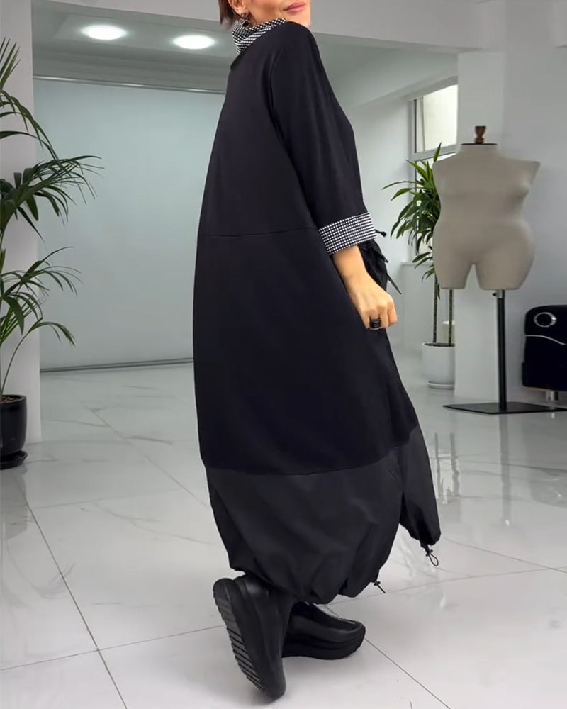 Drune | Kariertes Patchworkkleid mit Hohem Kragen und Tasche