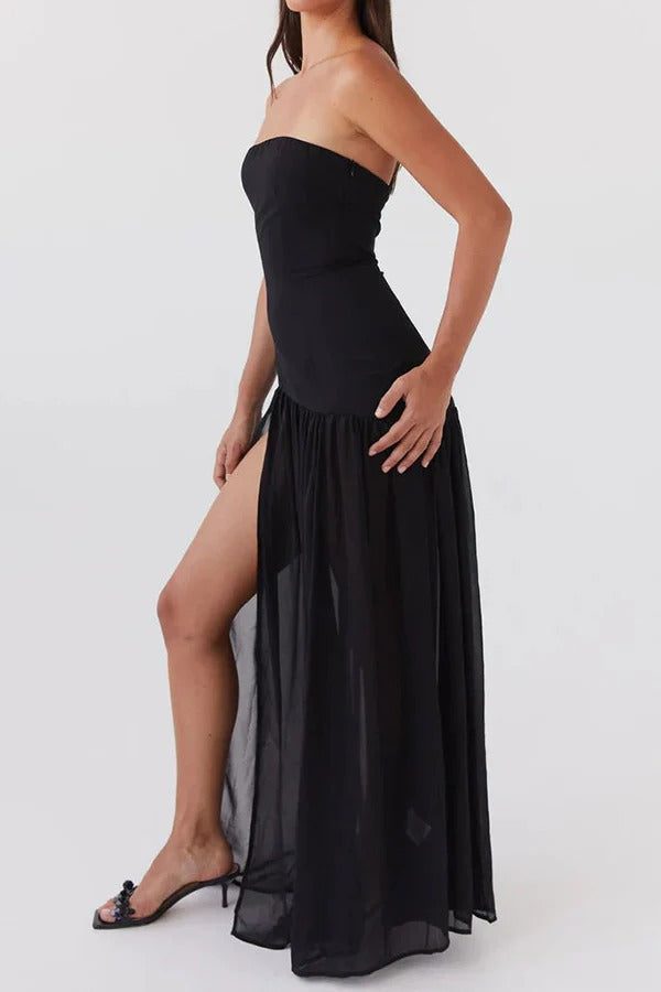 Drune | Eden Patchwork Semi-Transparent Chiffon Strapless Maxi-Kleid