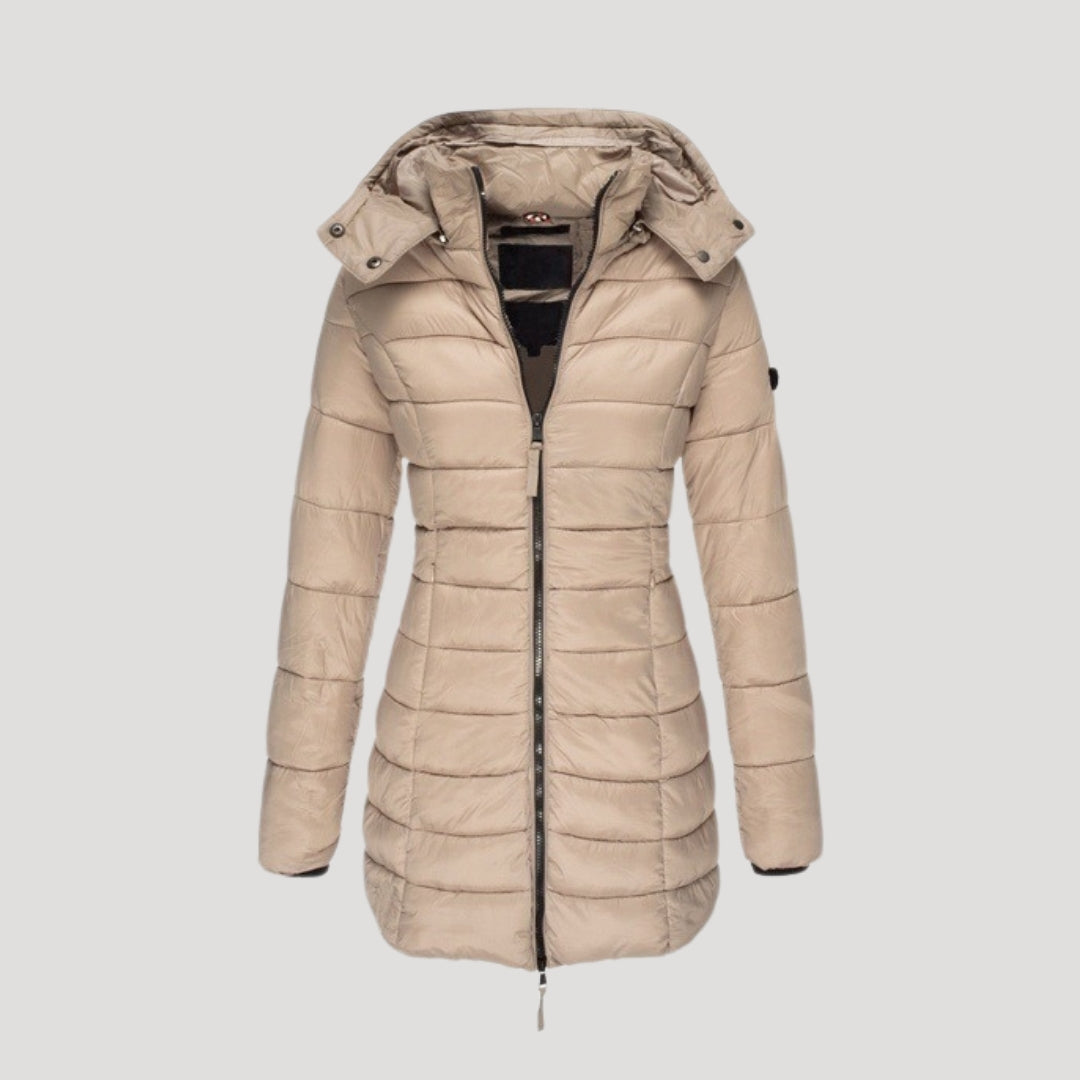 Drune | Damen langer gepolsterter Wintermantel mit Kapuze Pufferjacke