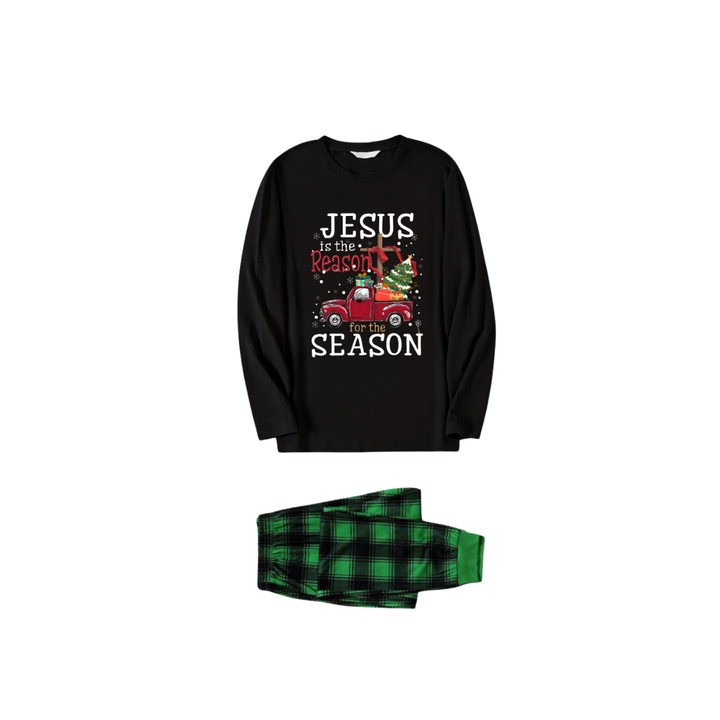 Drune | Schwarzes Top und grüne Karottenhose Weihnachts-Pyjama-Set mit dem Textdruck "Jesus ist der Grund für die Saison"