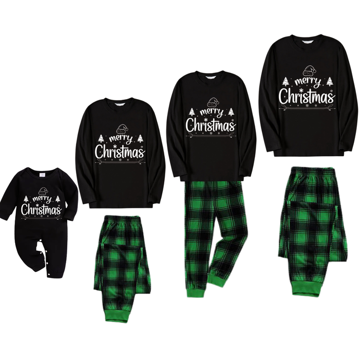 Drune | "Frohe Weihnachten" Weiße Letter 2025 Schwarzes Langarmoberteil mit Schwarz- und Grün Karierten Hosen Familienpassende Pyjamas