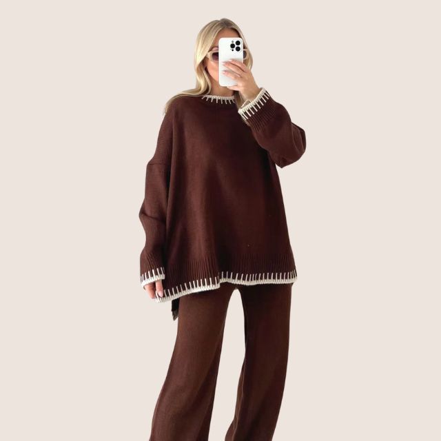 Drune | Schickes Strick-Loungewear-Set mit Kontrastbesatz