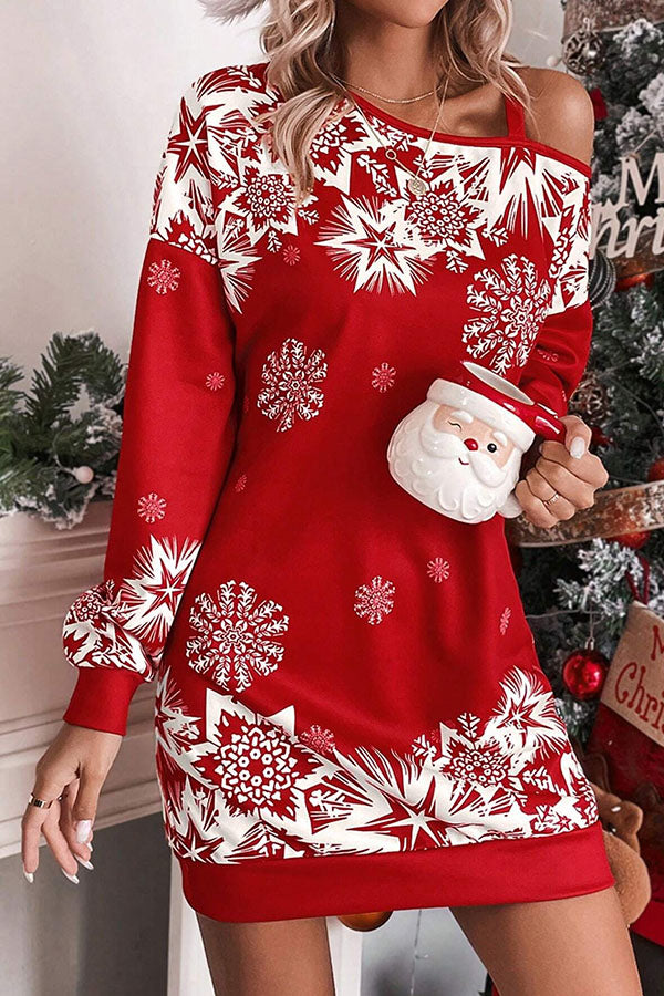Drune | Weihnachts-Schneeflocke Kalt-Schulter Lockeres Sweatshirt Mini Kleid