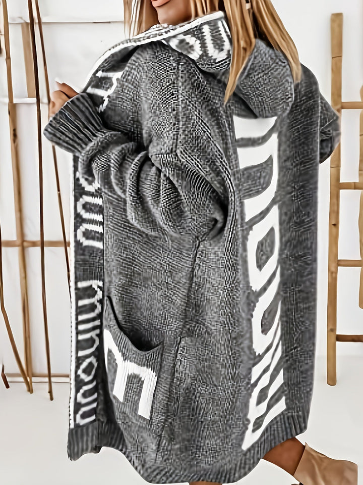 Drune | Gedruckter Kragen Kapuzen Strickjacke Für Damen - Perfekt für entspannte Tage