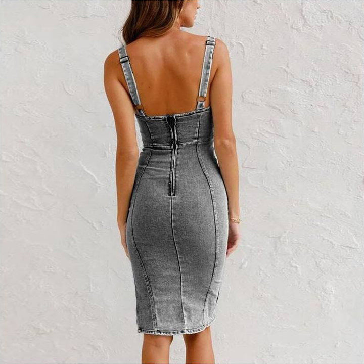 Drune Träger-Jeanskleid mit U-Ausschnitt - Sommerliches, lässiges, eng anliegendes Slim-Fit-Kleid mit Schlitzdesign
