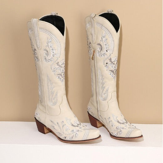 Drune | Bestickte Western Denim Retro Damen Knielange Stiefel