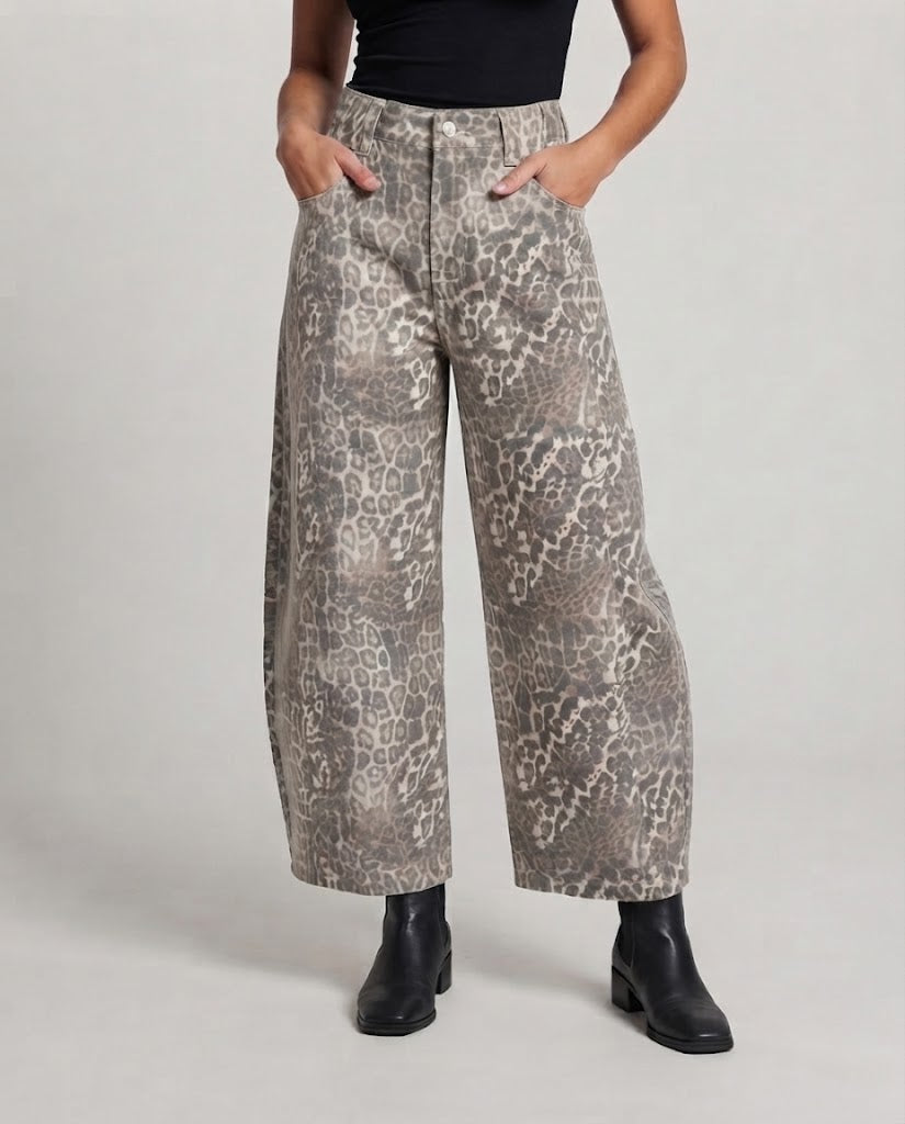 Damen weite Palazzo-Hose mit Leopardenmuster und lässigem Baggy-Schnitt Drune
