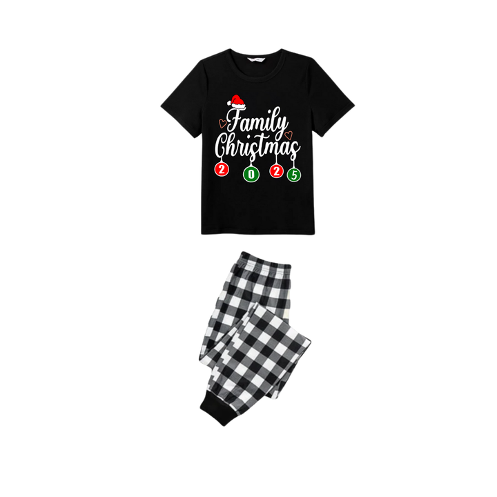 Drune | Mach Weihnachten wieder großartig Familien-Pyjama-Set - Schwarzes Oberteil Schwarz-Weiße kariert Hose Weihnachtsmann Grafik