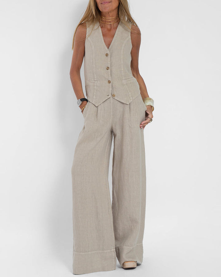 Drune | Elegantes 2-Teiliges Set Leinen Weite Hose & Weste