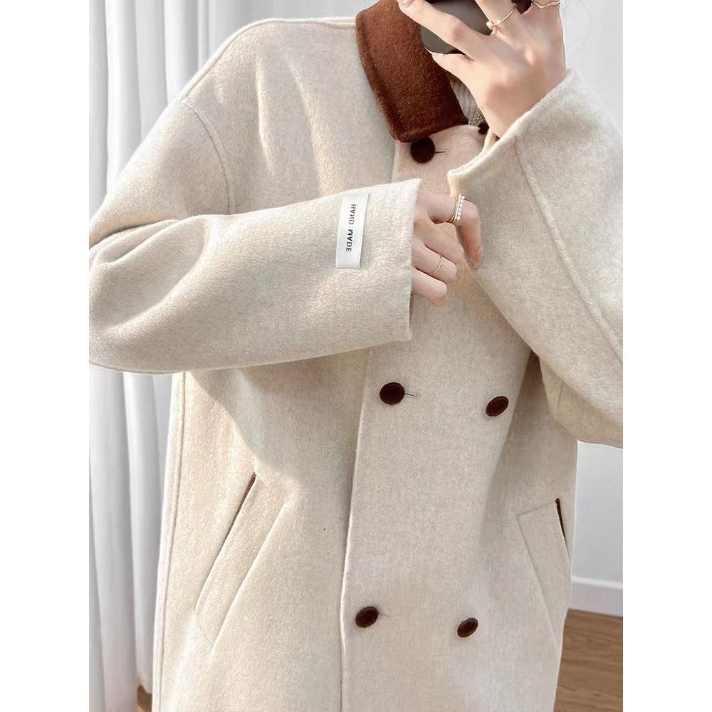 Drune | Wollmischung lange Jacke mit braunem Kragen für Damen - Ambra
