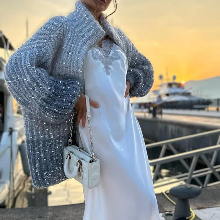 Drune | Strickjacke mit Pailletten - Eleganter Glanz & Leichtes Gewebe - Einfarbig Cardigan für Alltag & besondere Anlässe