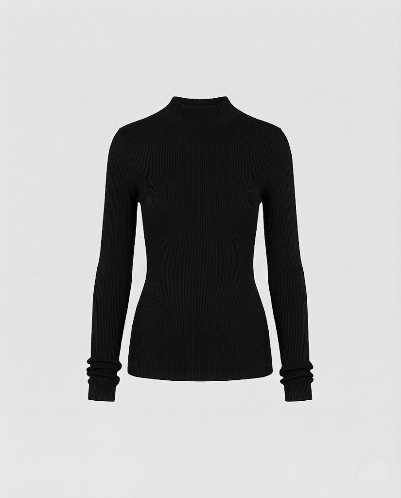 Damen Feines geripptes Langarm-Feinstrickshirt mit Stehkragen Drune
