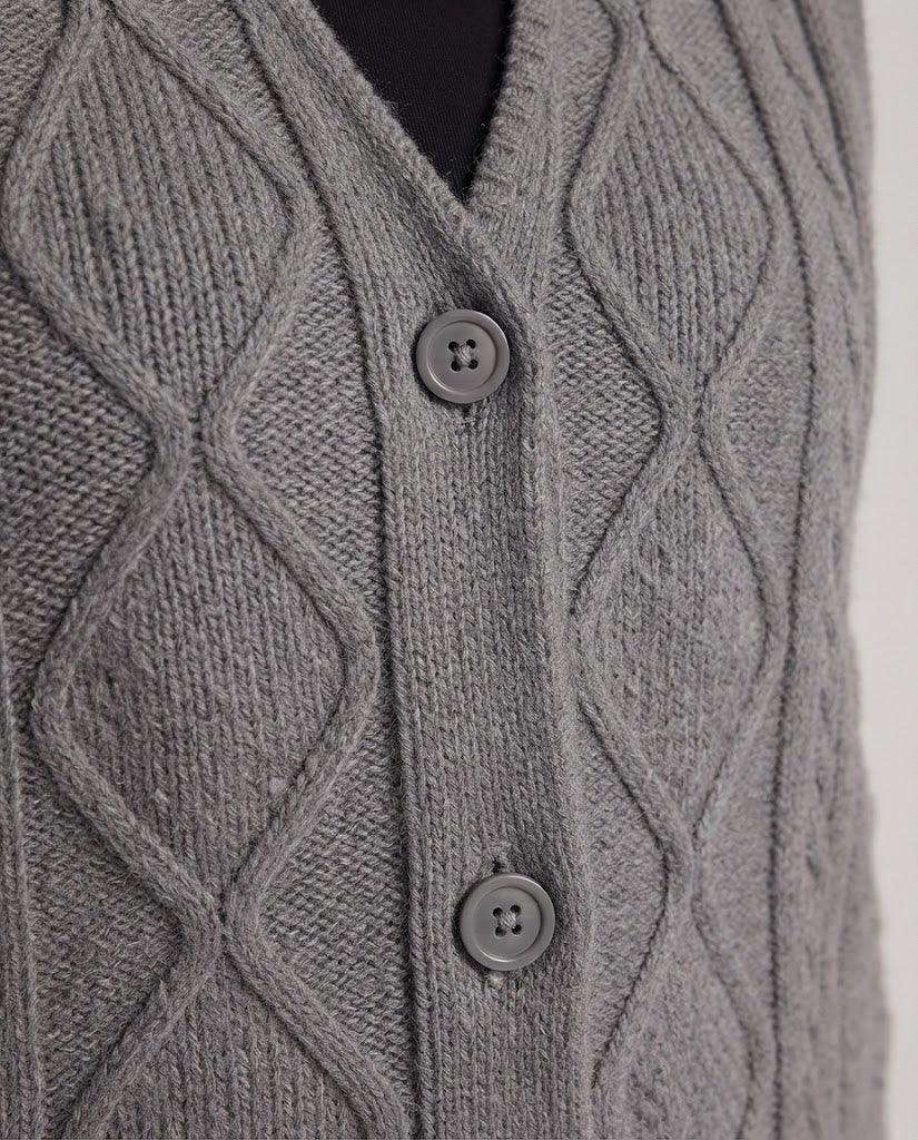 Damen Boxy‑Strickweste mit Diamantstruktur, V‑Ausschnitt und Holzknöpfen Drune