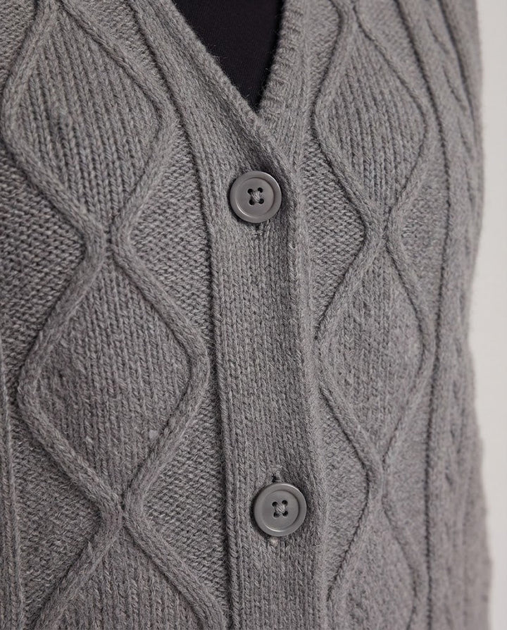 Damen Boxy‑Strickweste mit Diamantstruktur, V‑Ausschnitt und Holzknöpfen Drune