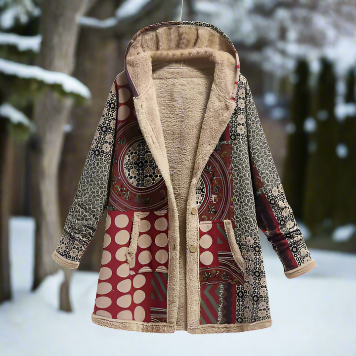 Drune | Langer Patchwork-Mantel - Gefüttert mit Fleece - Kapuze & Knopfverschluss - Lässiger Look