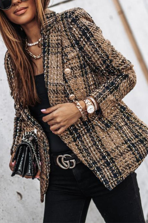 Drune | Doppelreihige Offen Vorderseite Karierte Blazerjacke