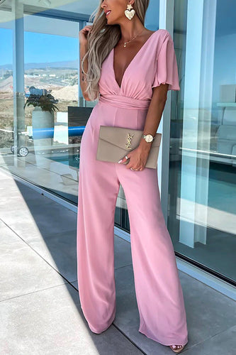 Drune | Rosiedress Tiefer V-Ausschnitt Rüschensleeve Hoch Taille Weite Bein Jumpsuit