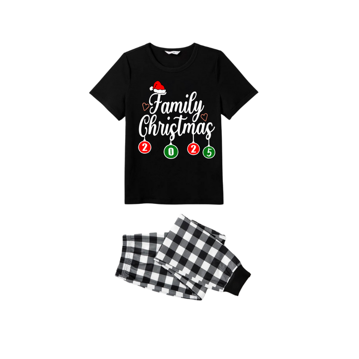 Drune | Mach Weihnachten wieder großartig Familien-Pyjama-Set - Schwarzes Oberteil Schwarz-Weiße kariert Hose Weihnachtsmann Grafik