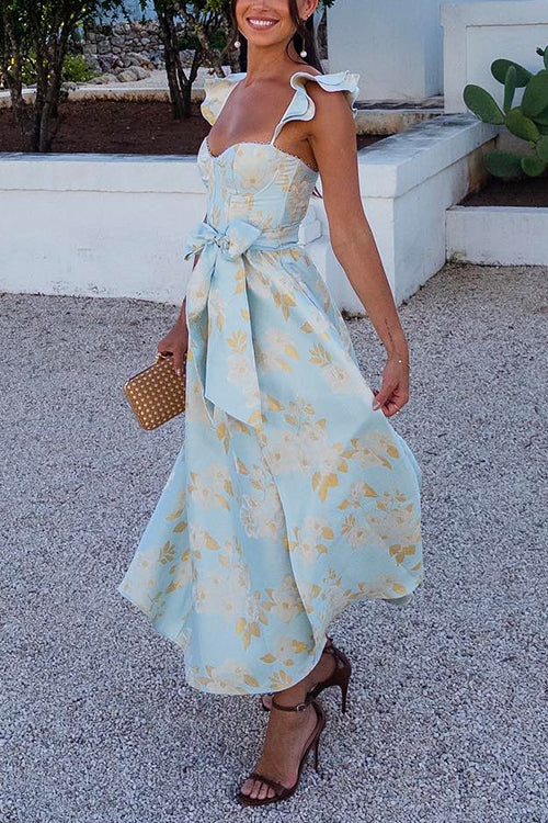 Drune | Rosiedress Rüschenschulter Schleife Knoten Taille Schlitz Bedrucktes Vintage Party Kleid