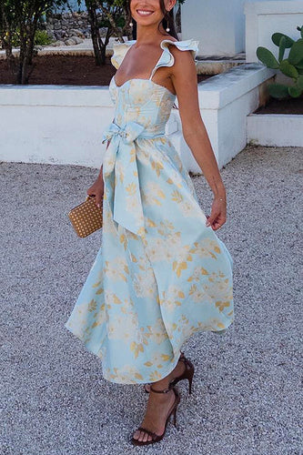 Drune | Rosiedress Rüschenschulter Schleife Knoten Taille Schlitz Bedrucktes Vintage Party Kleid