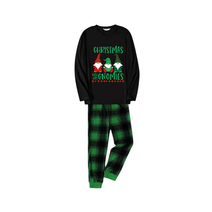 Drune | Schwarzes Top und grüne karierte Hose Weihnachts-Pyjama-Set mit "Weihnachten mit meinen Gnomies" Textdruck