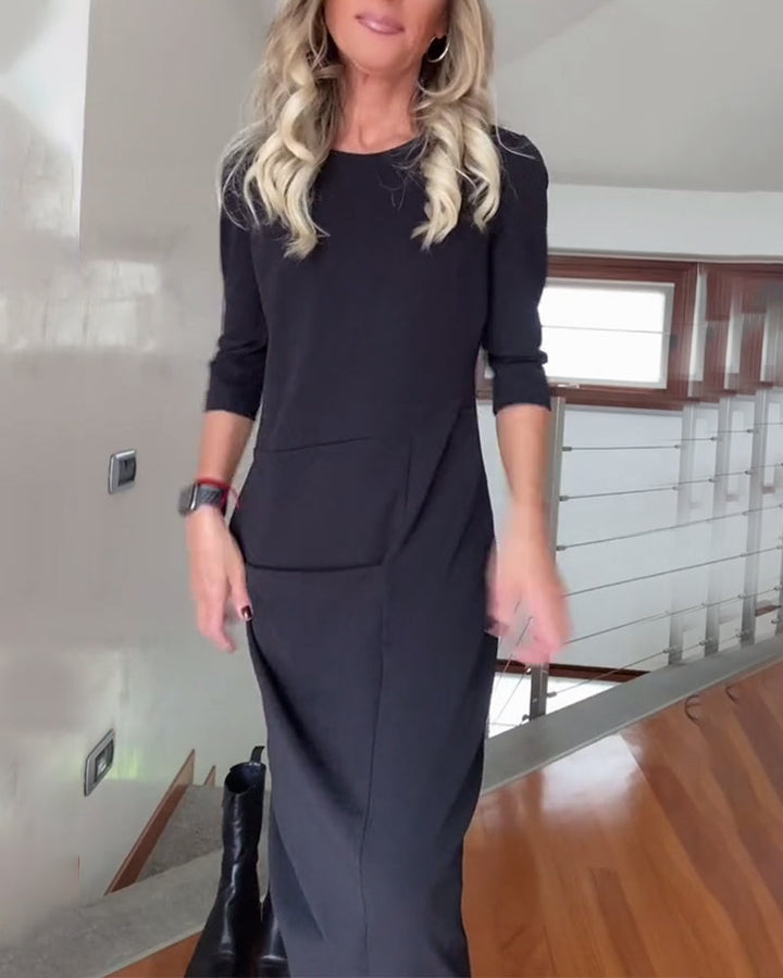 Drune | Elegantes Plissiertes Kleid in Volltonfarbe mit Rundhalsausschnitt