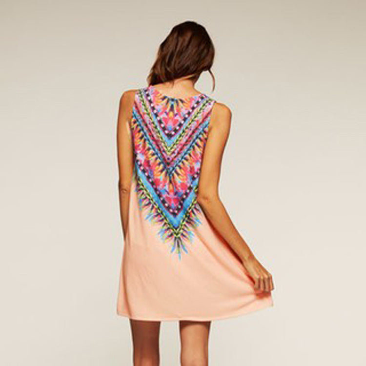 Damen Sommerkleid mit buntem geometrischem Rückendesign und lockerer Silhouette Drune